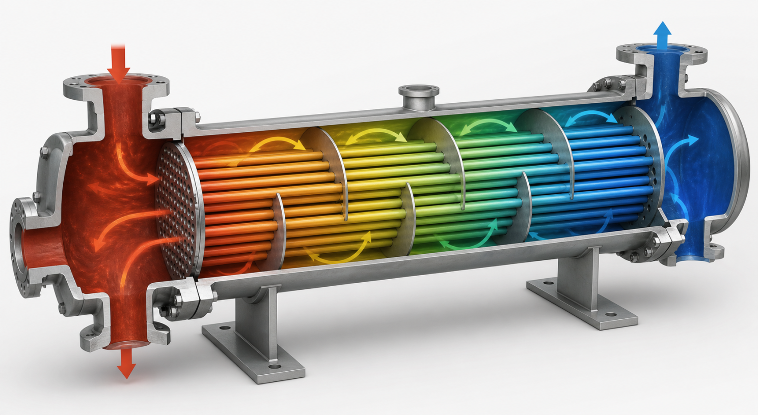 Shell-and-tube industrial heat exchanger section showing tubes, shell and fluid paths.