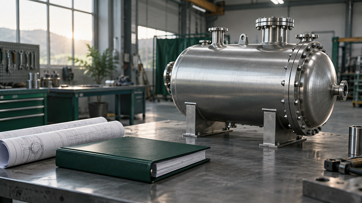 A pressure vessel and its documentation package. AI-generated conceptual illustration.
