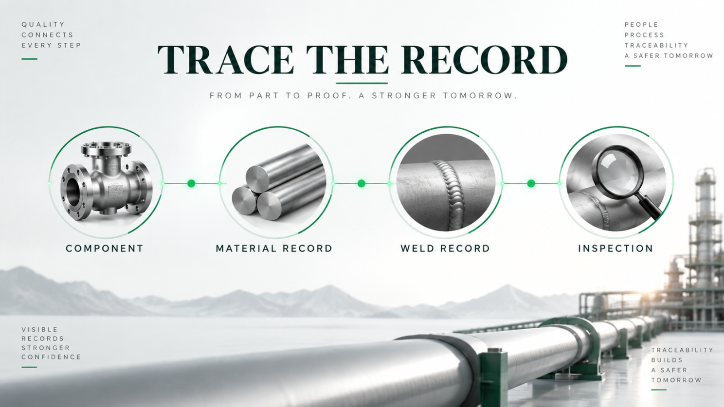 Traceability connects components, material records, weld records and inspection. AI-generated illustration.