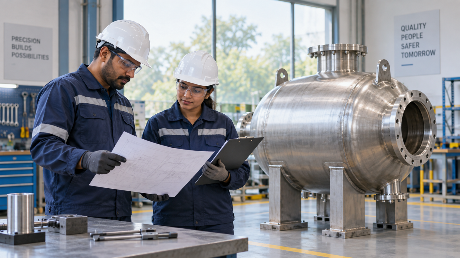 Engineers review fabrication records. AI-generated scene; not an actual GI Equipments project.