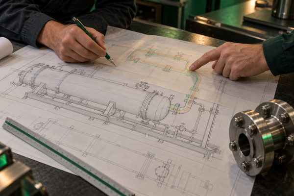 Engineers coordinate an industrial skid drawing with offset cold and operating-position outlines on tracing paper