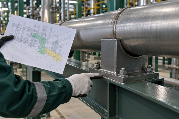 A gloved engineer reviews a pipe shoe and structural support at a skid and site boundary beside an interface drawing