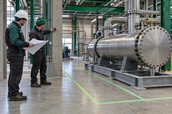 Two engineers in protective equipment survey a cooler skid and a marked service-access aisle