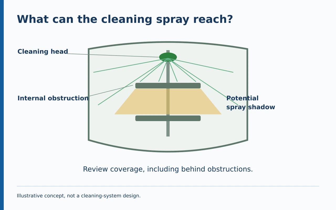 Illustrative vessel cutaway showing an agitator shielding an area from cleaning spray.